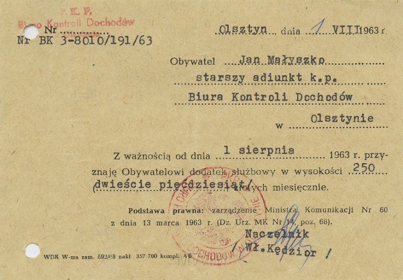 KKE 5626.jpg - Dok. Pismo z Polskich Kolei Państwowych w Olsztynie dla Jana Małyszko dotyczące dodatku służbowego, Olsztyn, 1 VIII 1963 r.